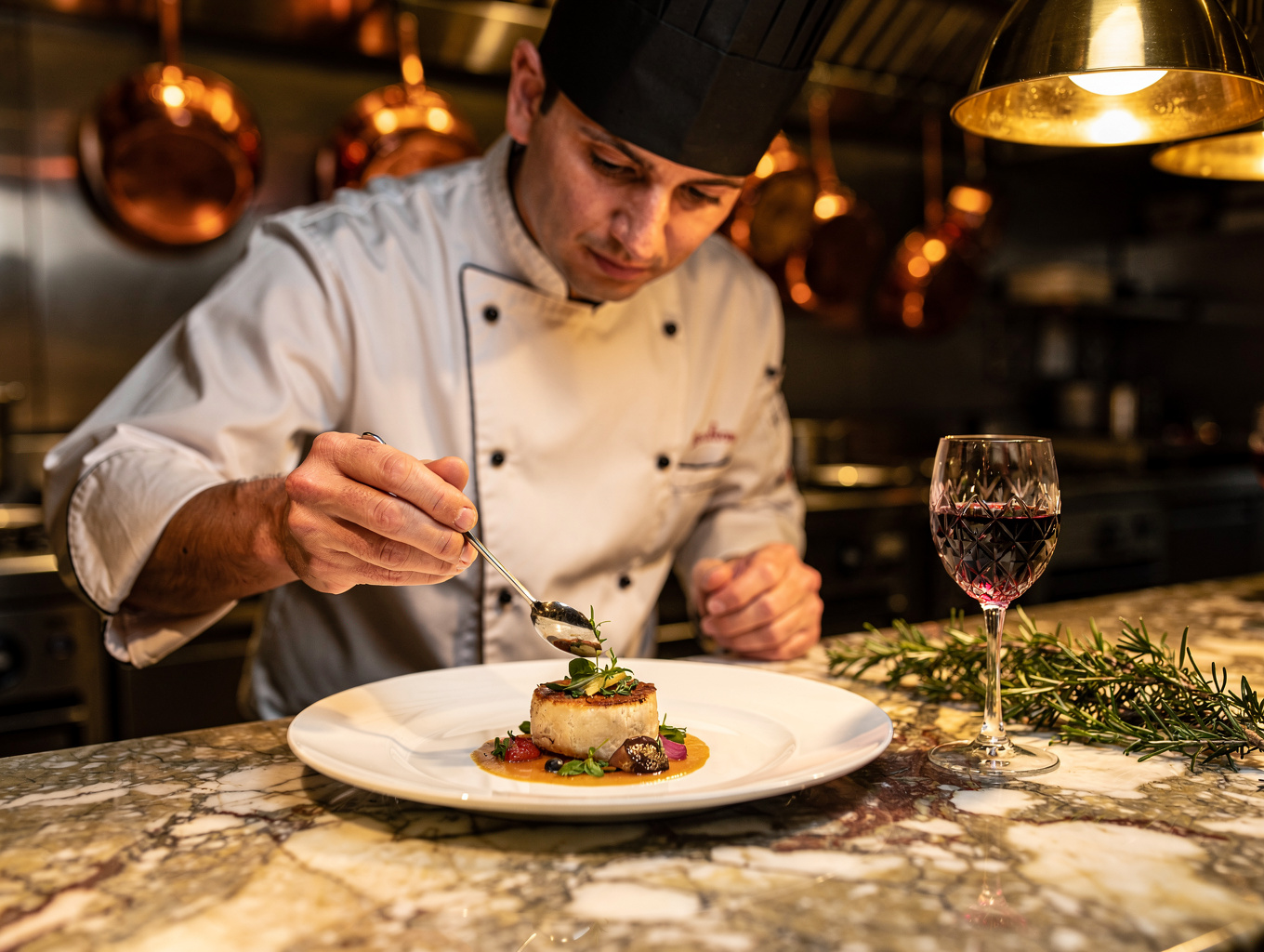 Chef carefully garnishing a dish in a professional French kitchen