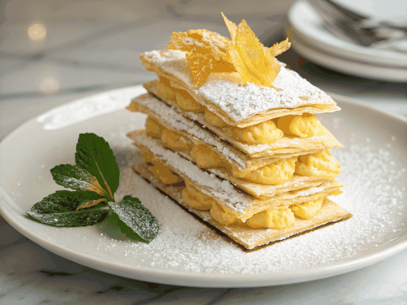 Exquisite French pastry dessert with gold leaf and berry reduction