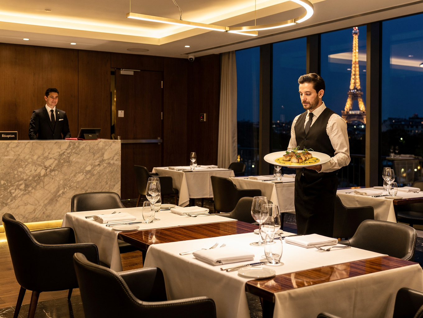 Waitstaff serving guests in a bustling, elegant French dining room