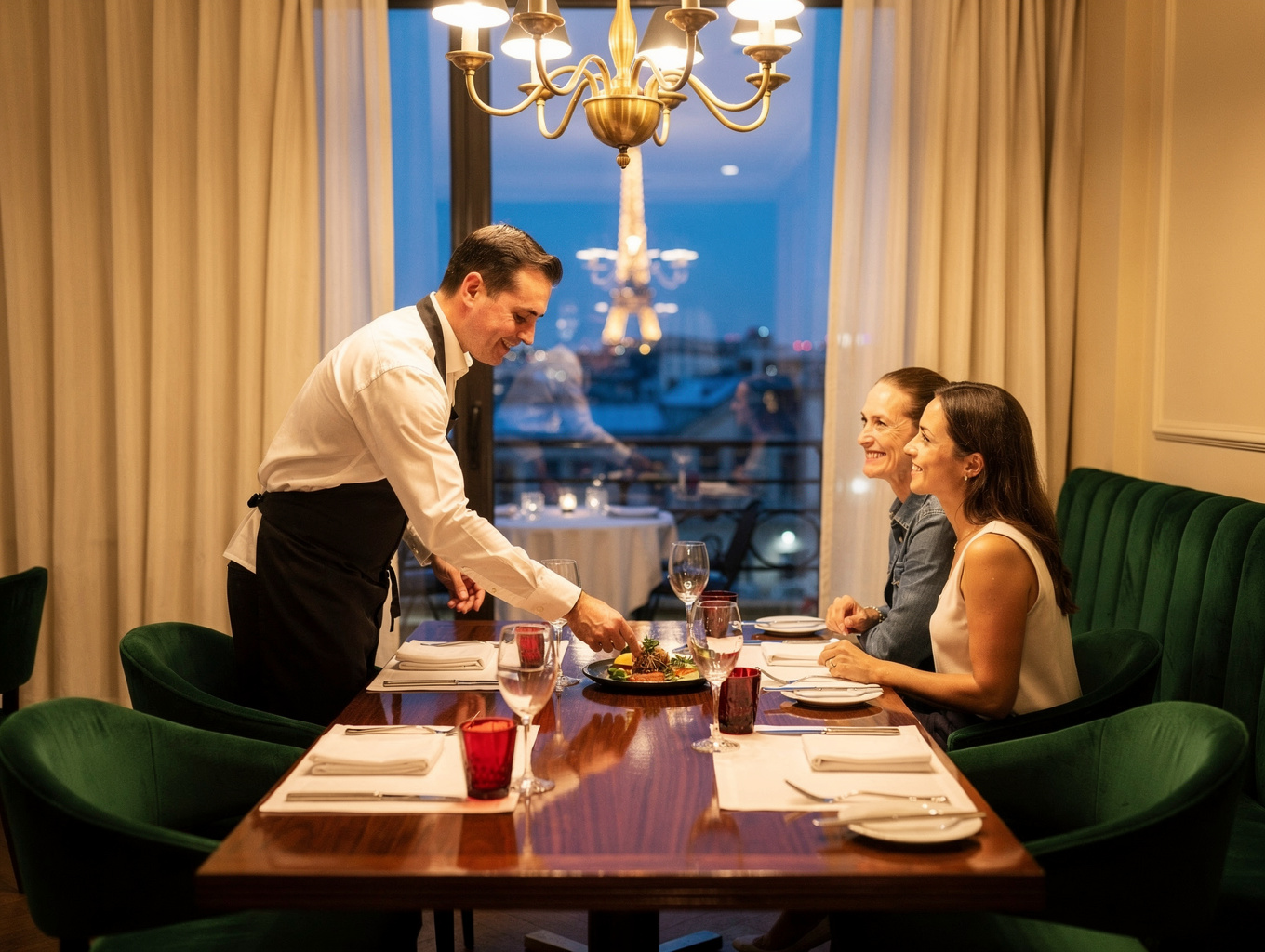 Elegant French dining room with candlelit tables and soft ambient glow