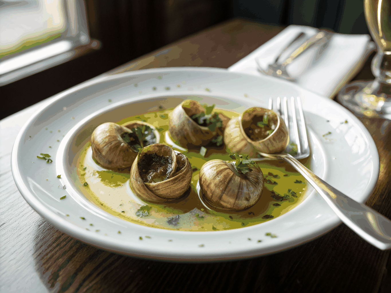 Burgundy snails served in traditional ceramic dish with herb butter