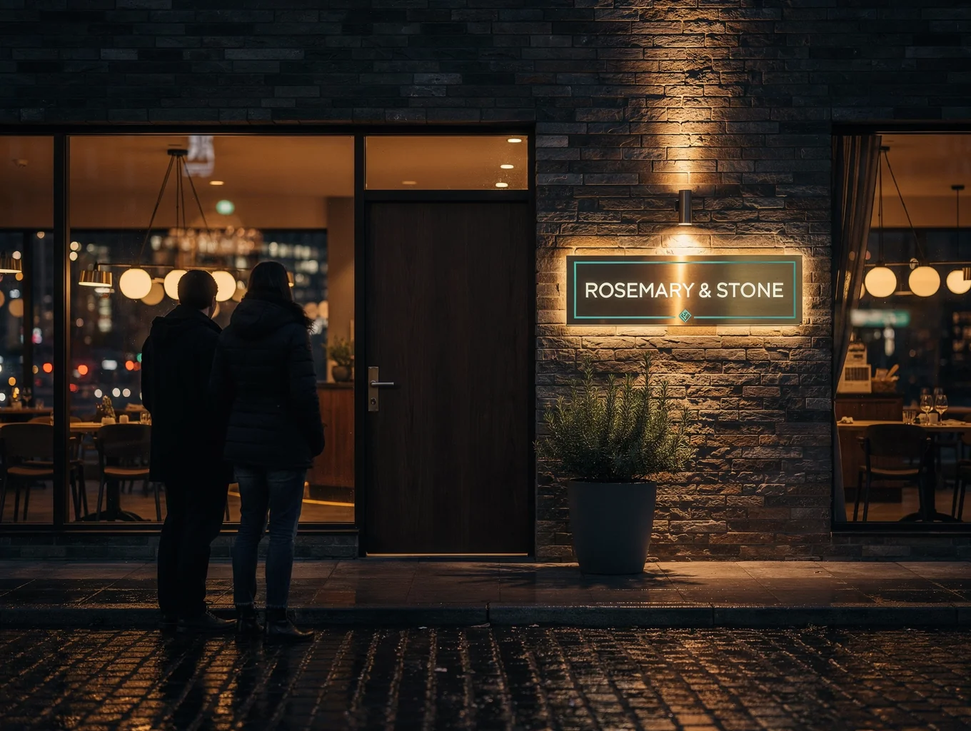 Saveur restaurant exterior at night