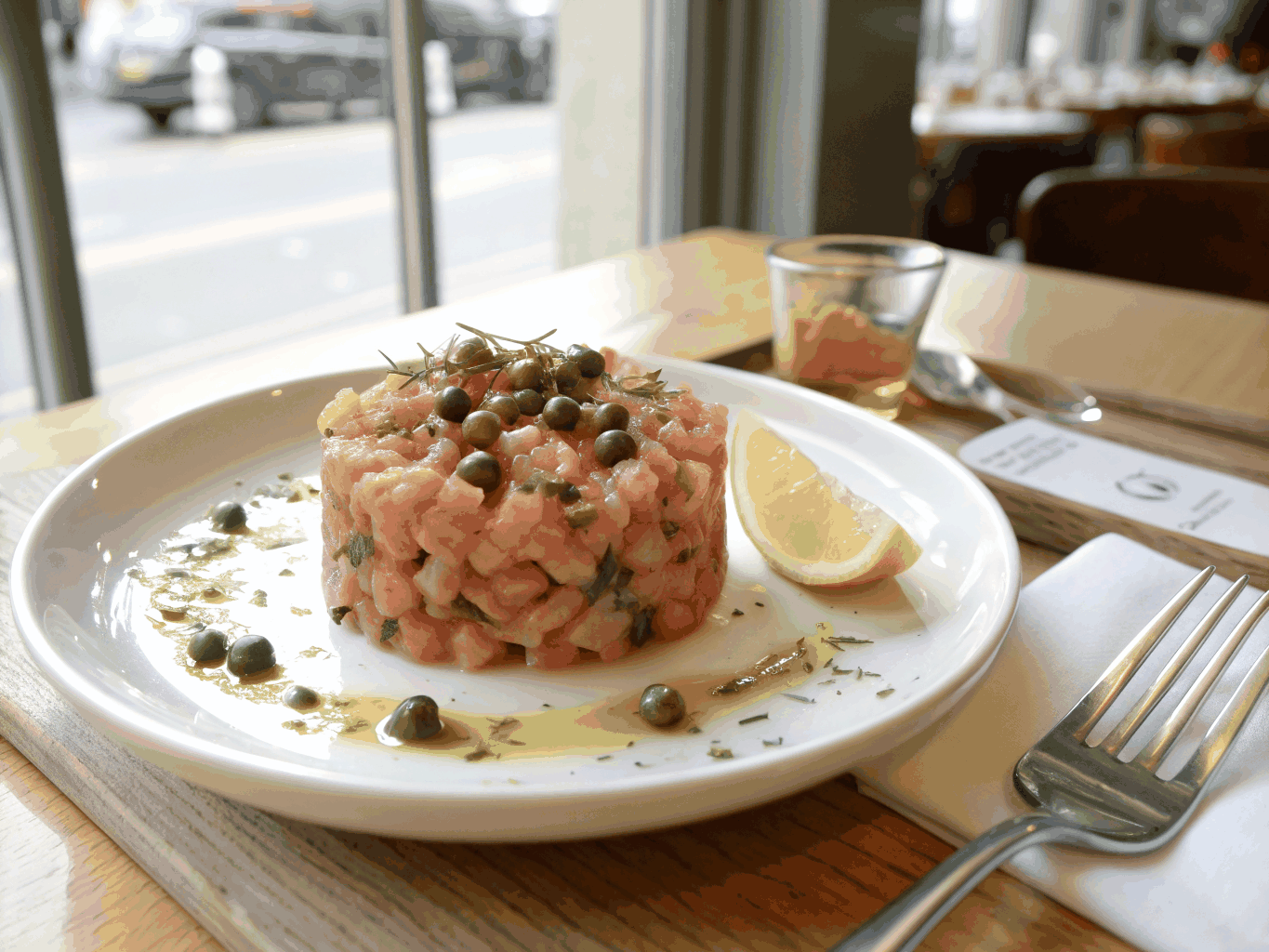 Fresh salmon tartare garnished with dill and lemon zest