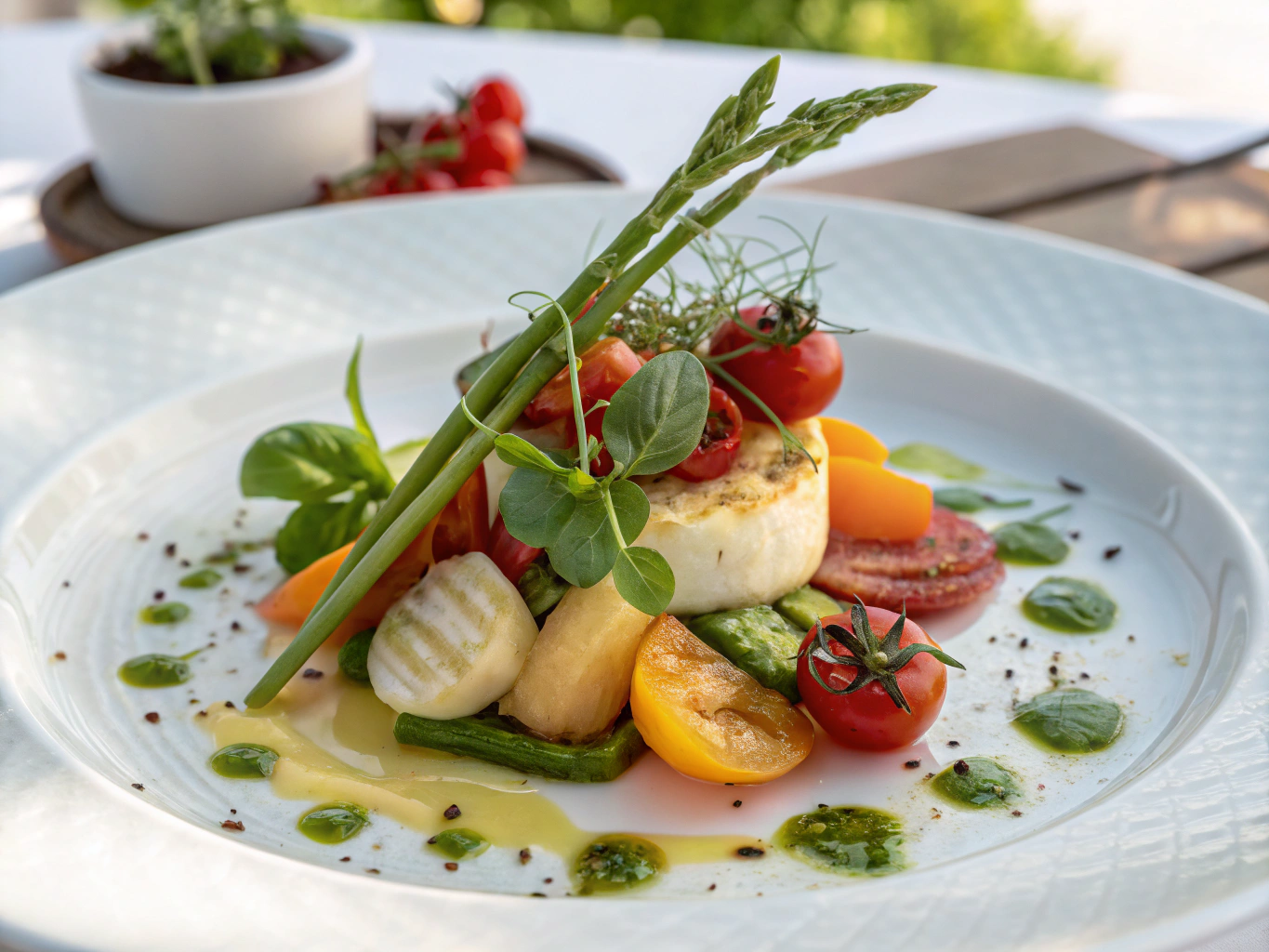 Artfully plated French seasonal dish with fresh herbs and rich sauce