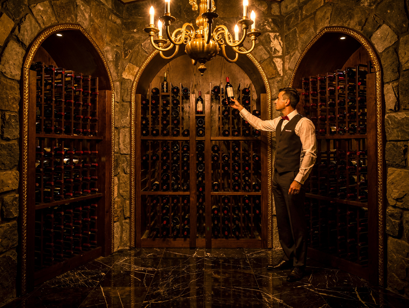 Sommelier pouring a glass of vintage red wine in a dimly lit cellar
